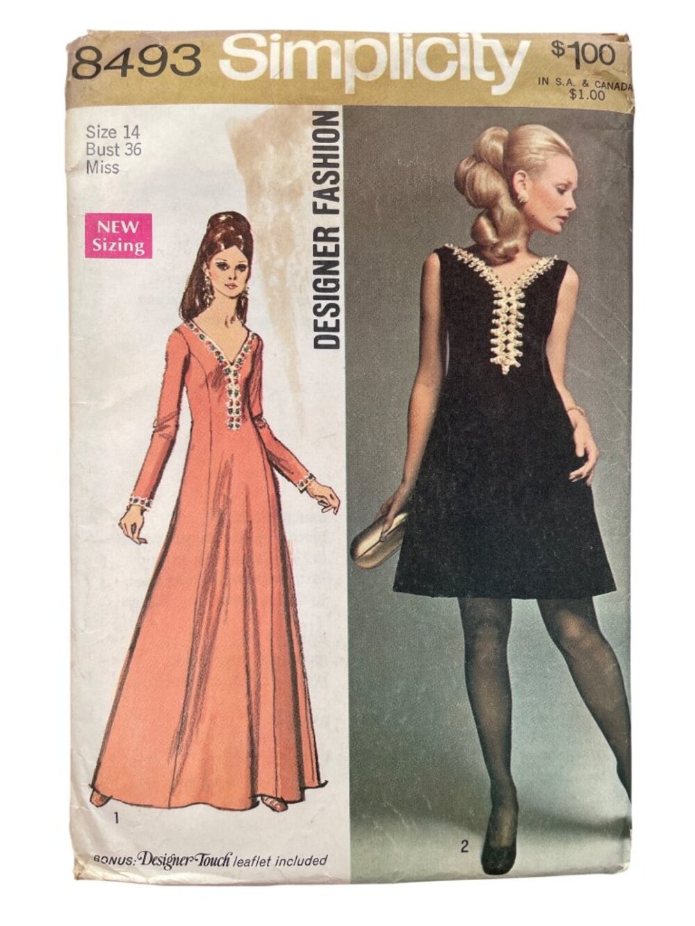 Vintage 60s Simplicity 8493 Sewing Pattern Size 14 Miss Dresses Two Lengths CUT